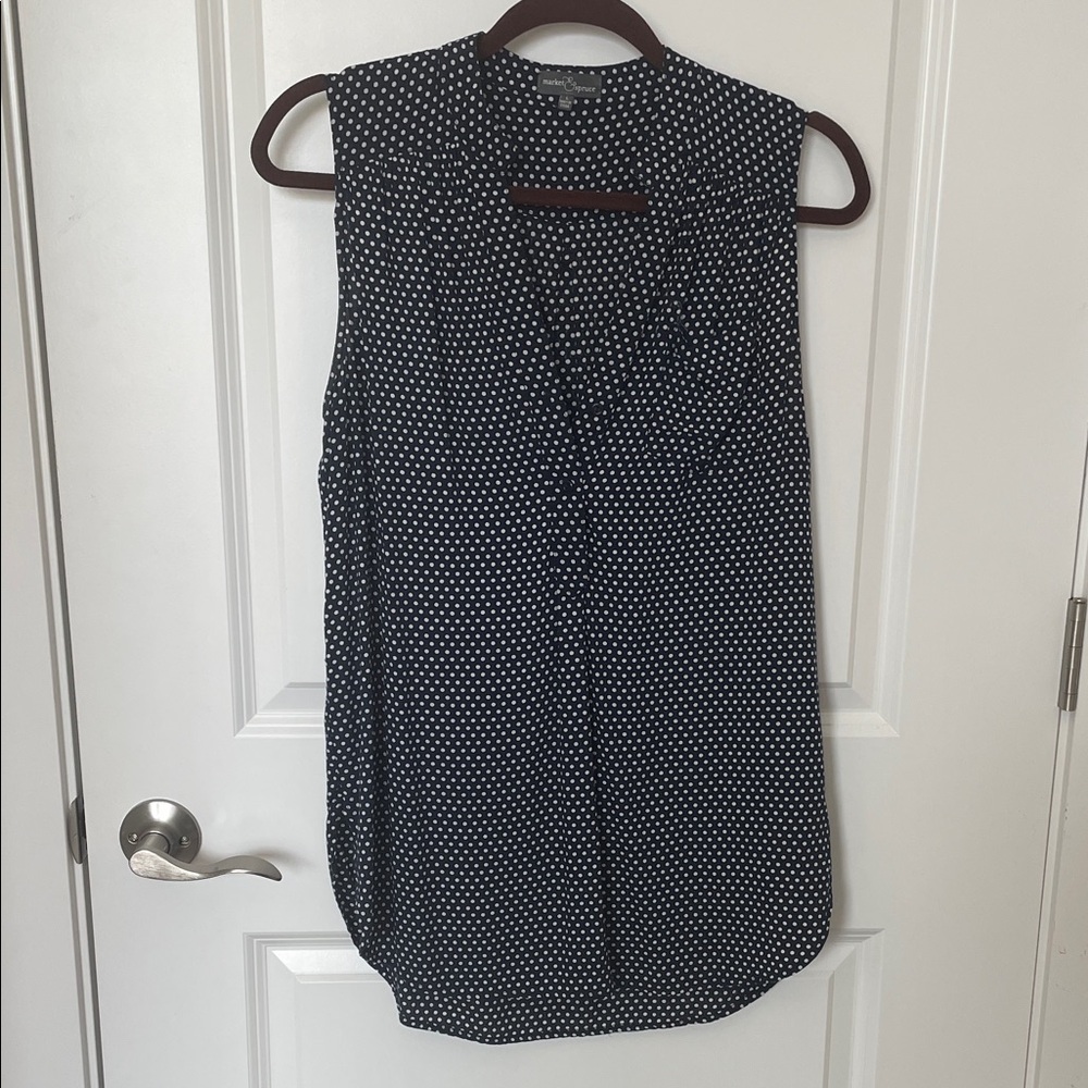 Sleeveless Navy Blue and White Polka Dot Top